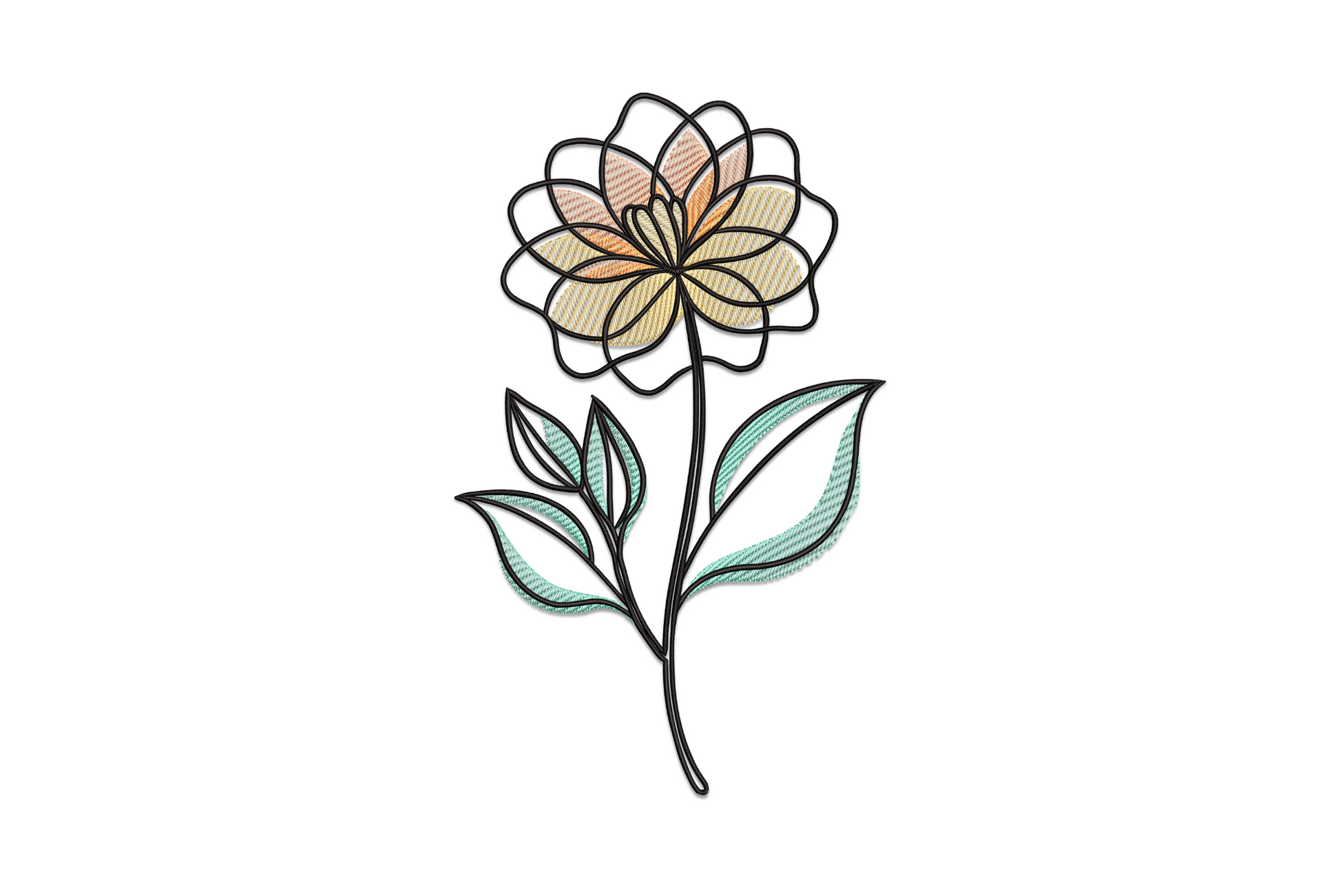 Elegant floral line art embroidery design, single dahlia bloom on curved stem with two leaves, dark outlines, peach and mint fills.