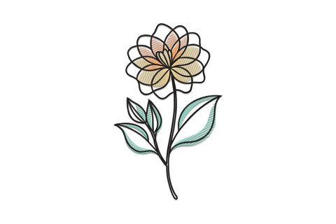 Elegant floral line art embroidery design, single dahlia bloom on curved stem with two leaves, dark outlines, peach and mint fills.