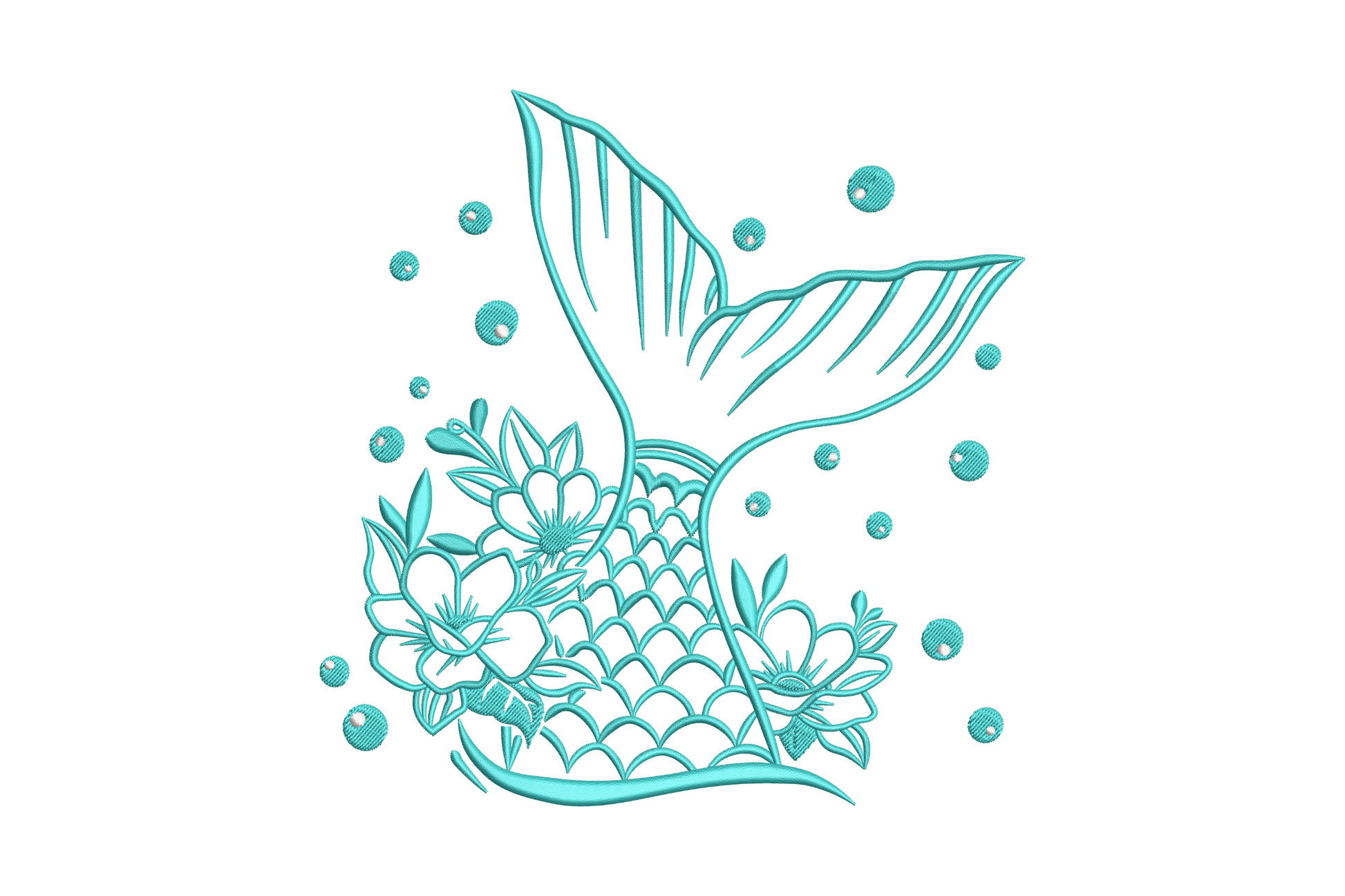 Floral mermaid tail monoline embroidery in aqua thread with curving fluke, scaled body, flower cluster and bubble accents.