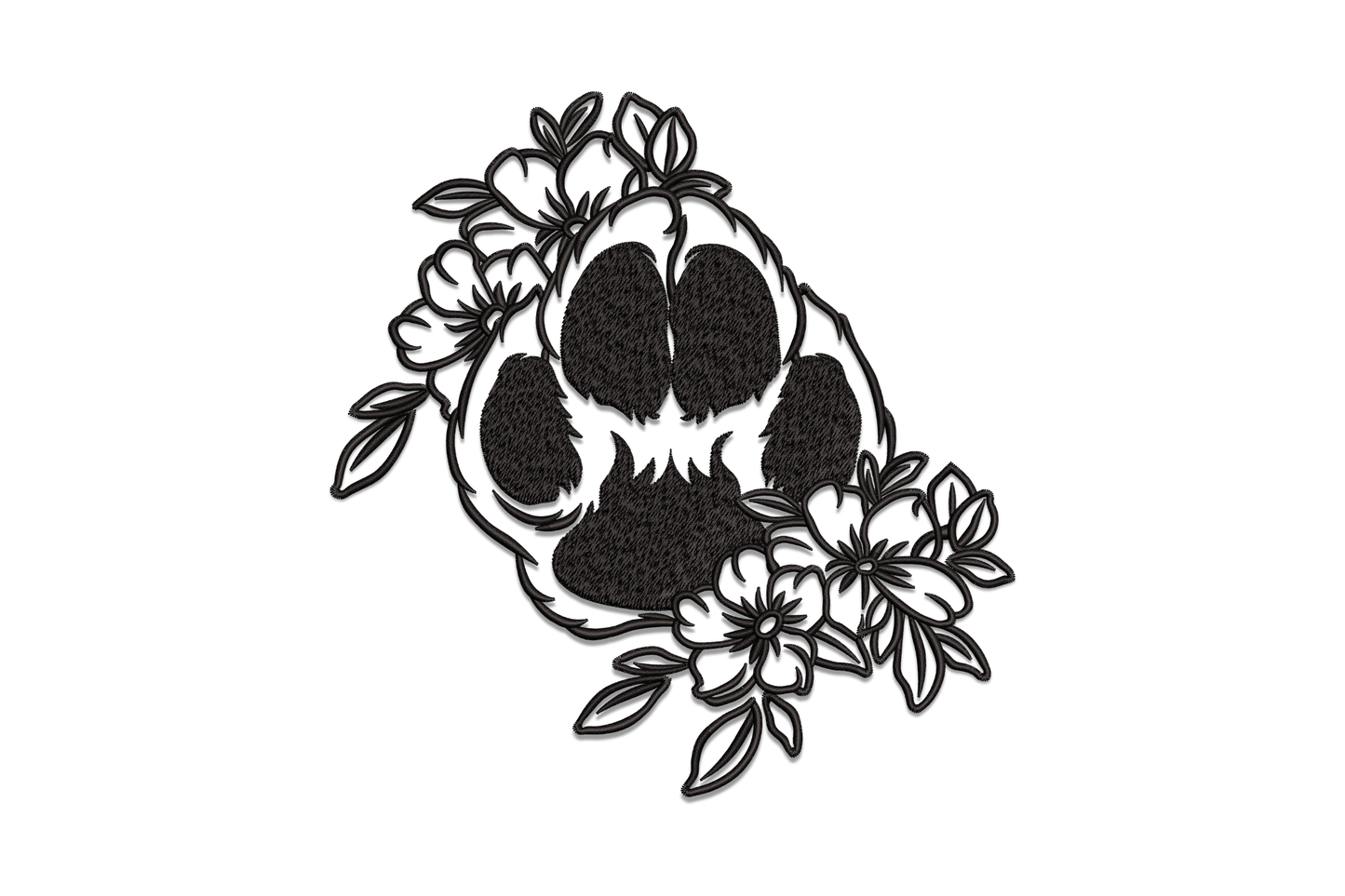 Elegant floral paw print embroidery design in single black thread with dense filled satin pads and delicate open-outline flowers and leaves on each side.