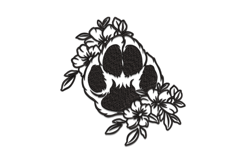 Elegant floral paw print embroidery design in single black thread with dense filled satin pads and delicate open-outline flowers and leaves on each side.