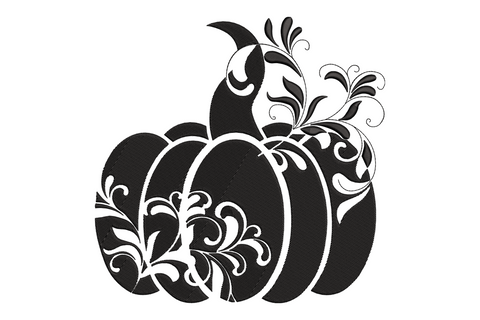 Black pumpkin silhouette with botanical floral scrollwork and vine detail filling the interior panels, elegant fall embroidery design