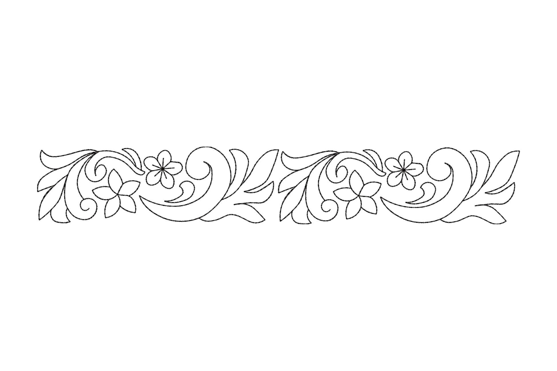 Elegant floral scroll border with two mirrored baroque acanthus modules and small five-petal blossoms in fine black outline.