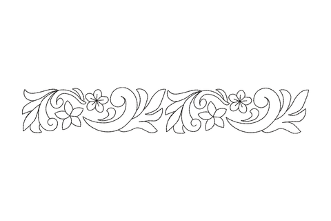 Elegant floral scroll border with two mirrored baroque acanthus modules and small five-petal blossoms in fine black outline.