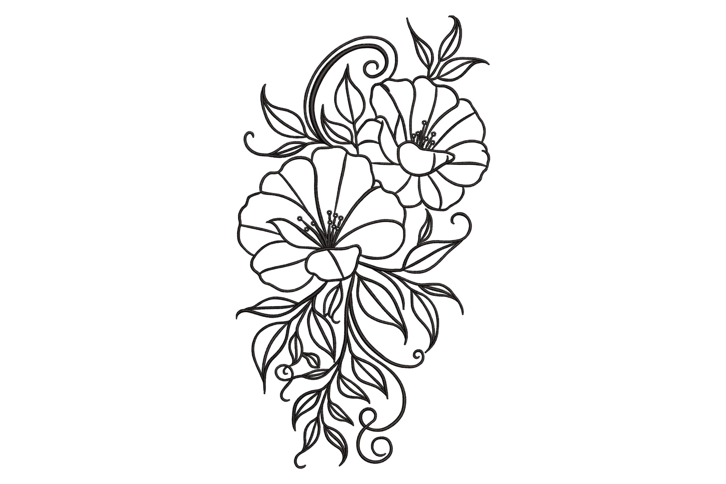 Elegant floral vine embroidery design, two open peony blooms on a sinuous black outline vine with leaves, buds and scrolling tendrils, no fill.