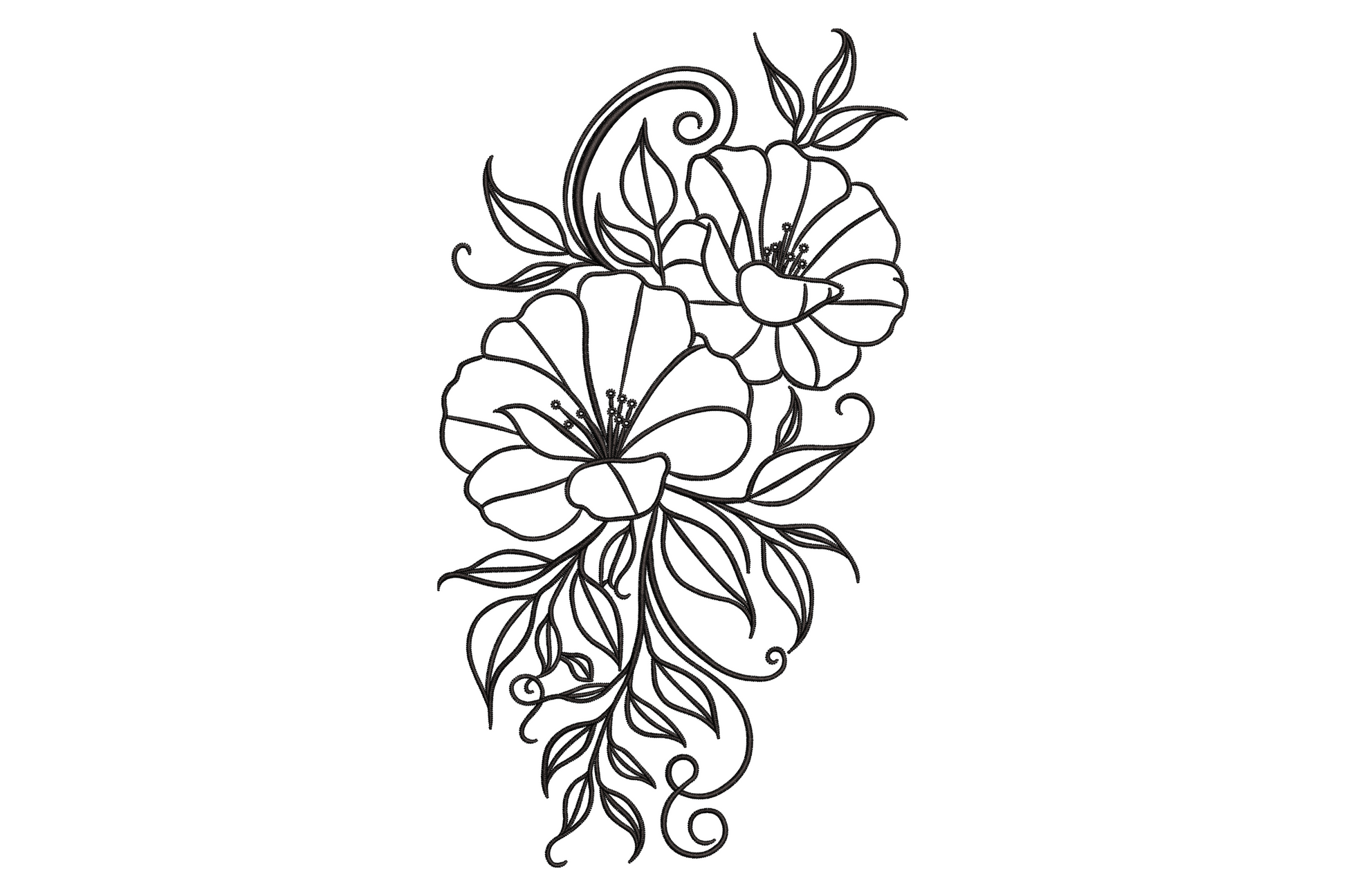 Elegant floral vine embroidery design, two open peony blooms on a sinuous black outline vine with leaves, buds and scrolling tendrils, no fill.