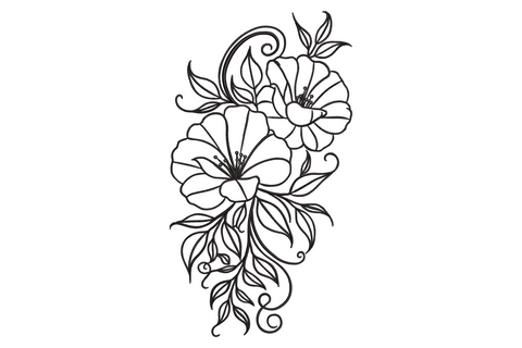 Elegant floral vine embroidery design, two open peony blooms on a sinuous black outline vine with leaves, buds and scrolling tendrils, no fill.