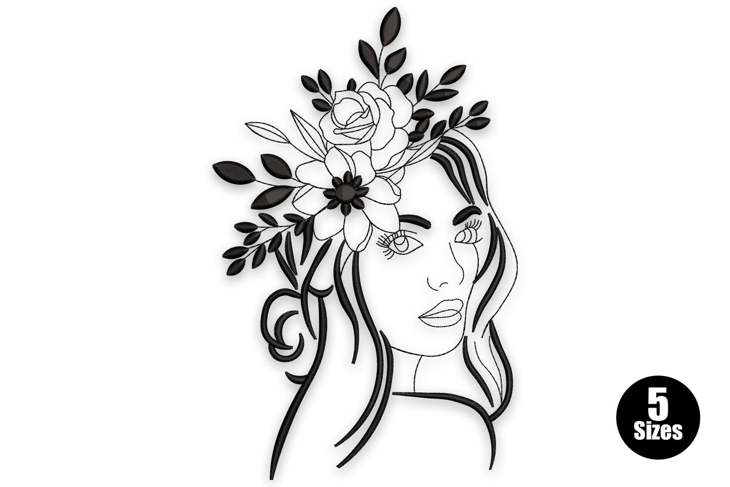 Elegant floral woman face embroidery, three-quarter line art with long wavy hair and a rose-and-leaf cluster over one eye.