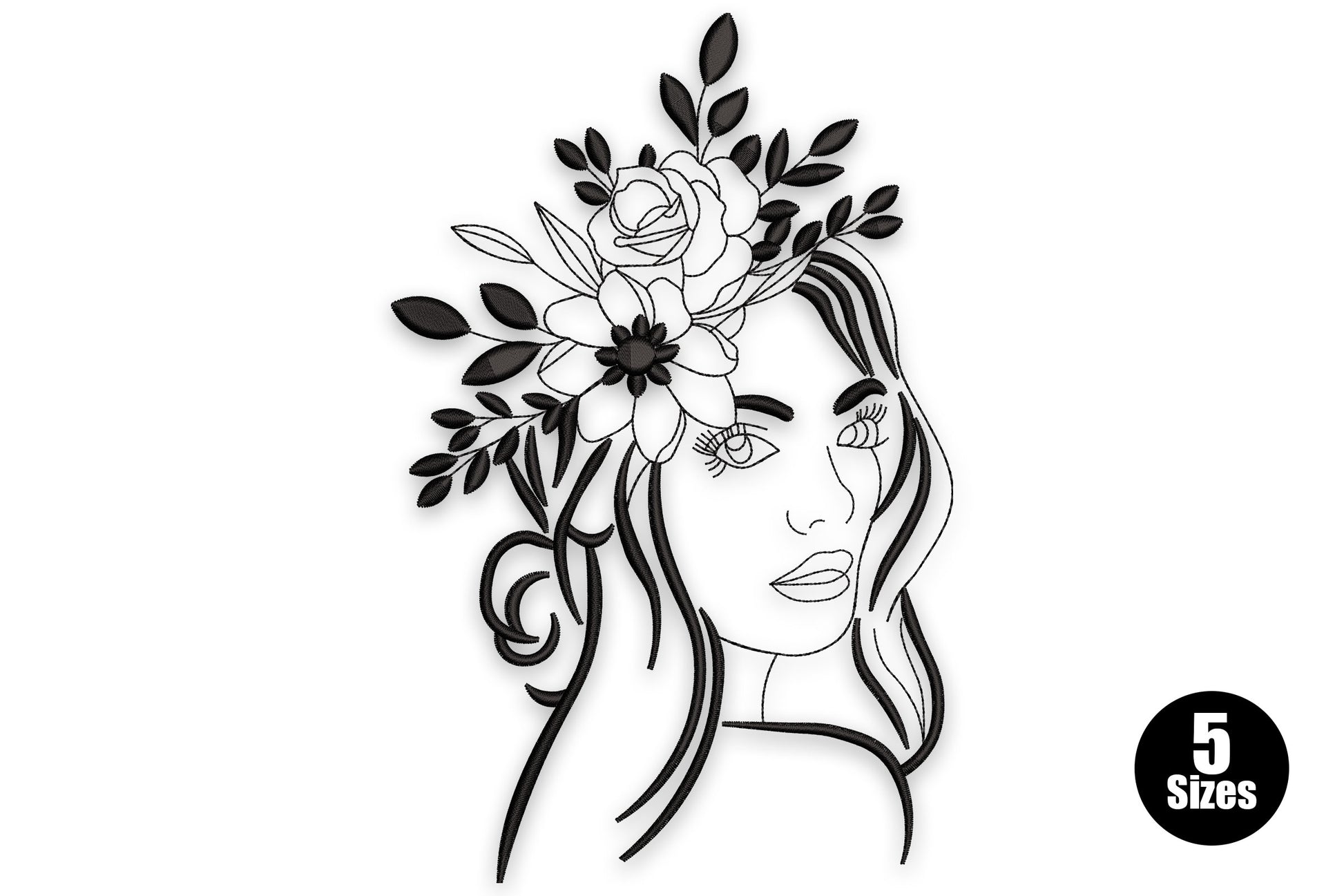 Elegant floral woman face embroidery, three-quarter line art with long wavy hair and a rose-and-leaf cluster over one eye.