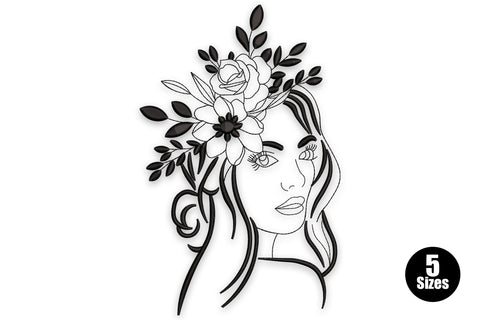 Elegant floral woman face embroidery, three-quarter line art with long wavy hair and a rose-and-leaf cluster over one eye.