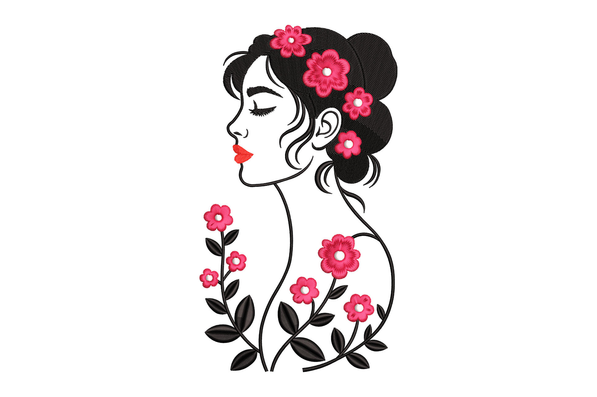 Silhouette of a woman with flowers in her hair on a white background