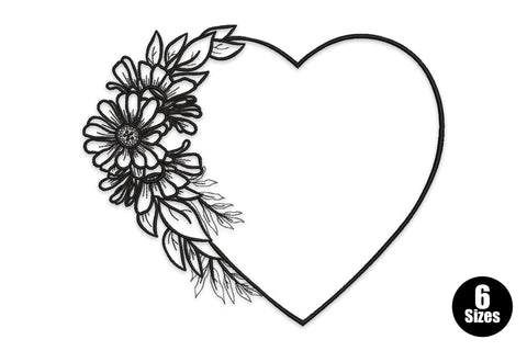 Elegant flower heart frame line art embroidery design with daisy blooms and leaves growing up the left side of an open heart outline, all in black thread.