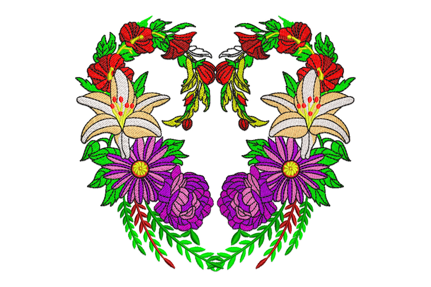 Floral heart embroidery, red hibiscus, cream lilies, purple roses and daisies with green laurel garland base, 12 colours.