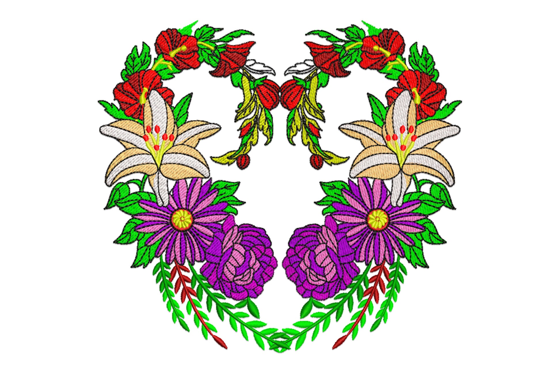 Floral heart embroidery, red hibiscus, cream lilies, purple roses and daisies with green laurel garland base, 12 colours.