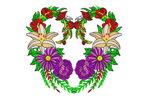 Floral heart embroidery, red hibiscus, cream lilies, purple roses and daisies with green laurel garland base, 12 colours.