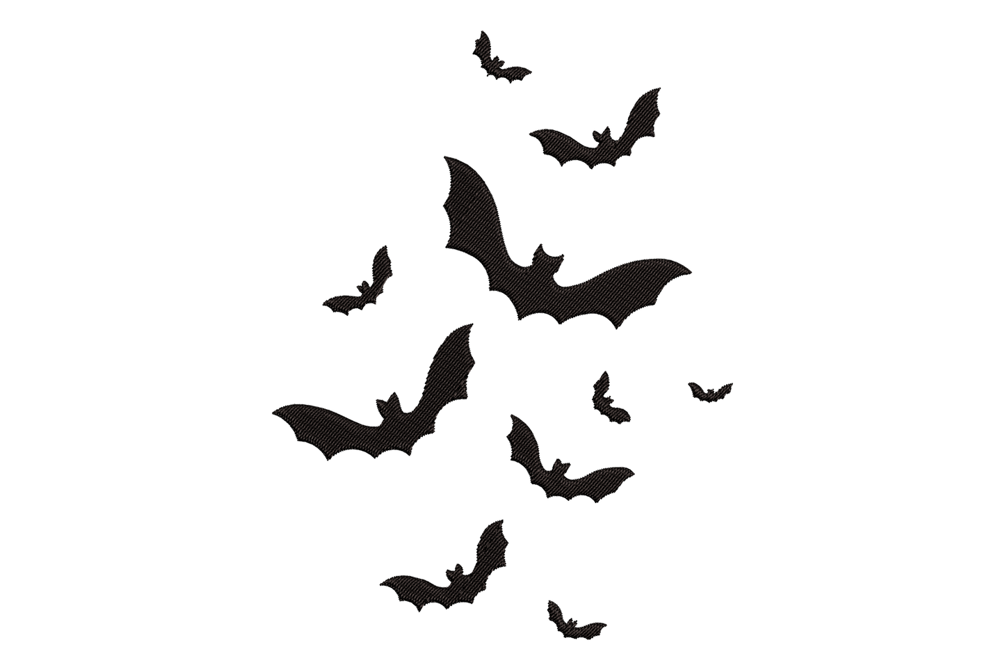 Nine flying bat silhouettes in solid black scattered in a loose diagonal flock, minimal Halloween embroidery design.