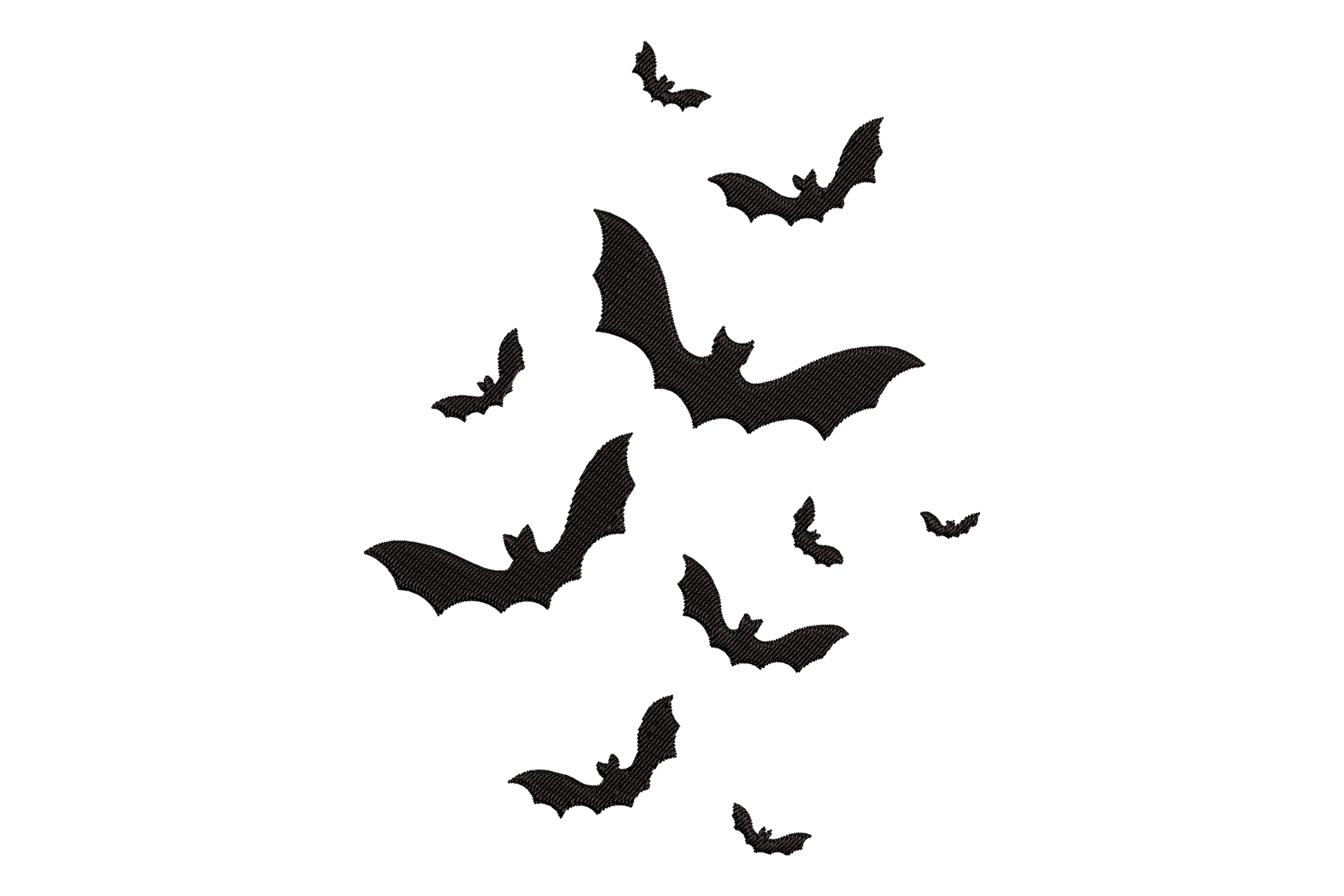 Nine flying bat silhouettes in solid black scattered in a loose diagonal flock, minimal Halloween embroidery design.