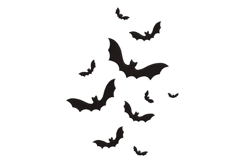 Nine flying bat silhouettes in solid black scattered in a loose diagonal flock, minimal Halloween embroidery design.