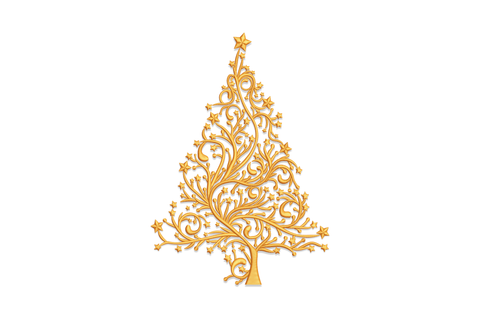 Elegant golden Christmas tree embroidery design in gold metallic satin with cream baubles, machine embroidery design for white pique table runners and formal Christmas decor.