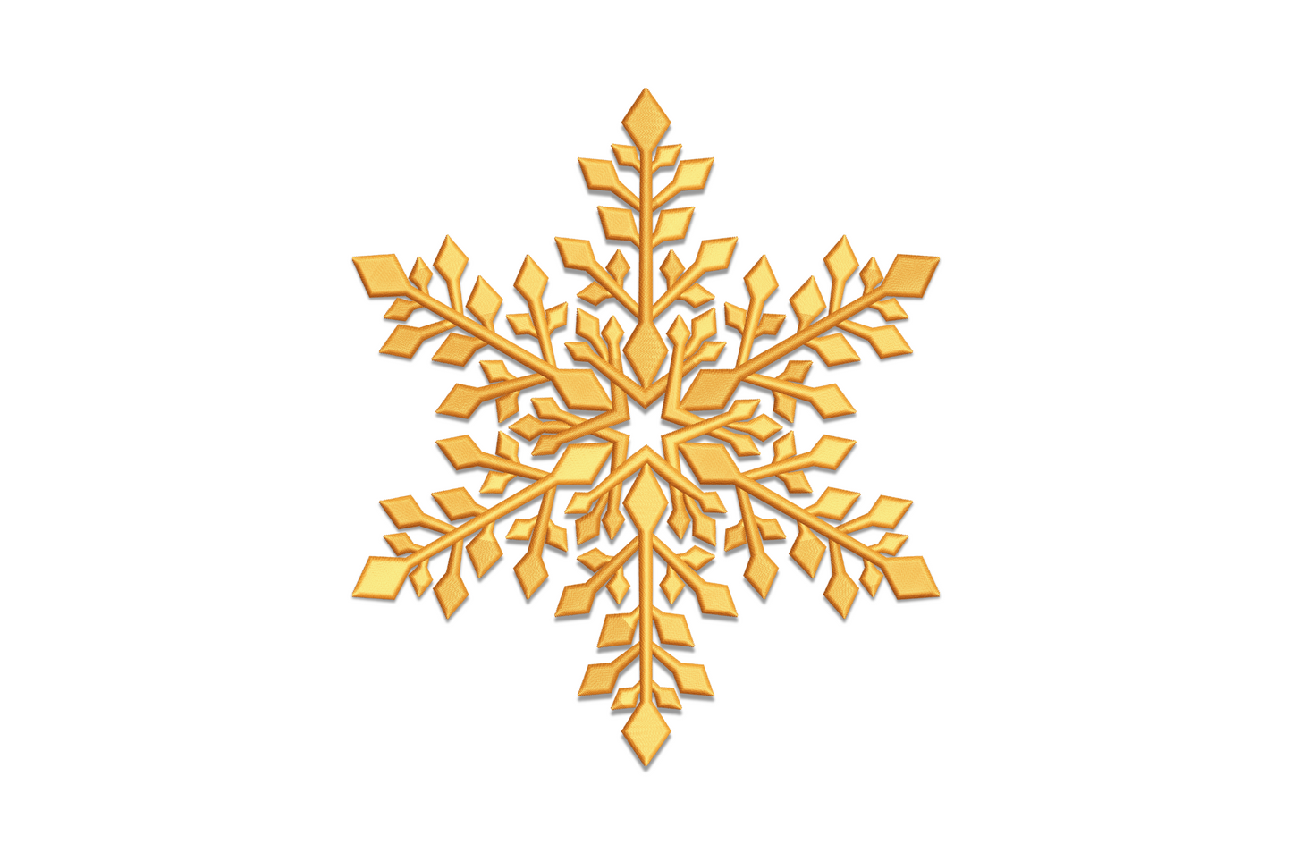 Elegant golden snowflake, slim tapering arms, thin side lines and open negative space on ivory ground, single gold thread.