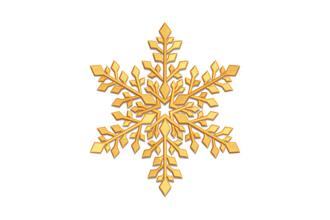 Elegant golden snowflake, slim tapering arms, thin side lines and open negative space on ivory ground, single gold thread.