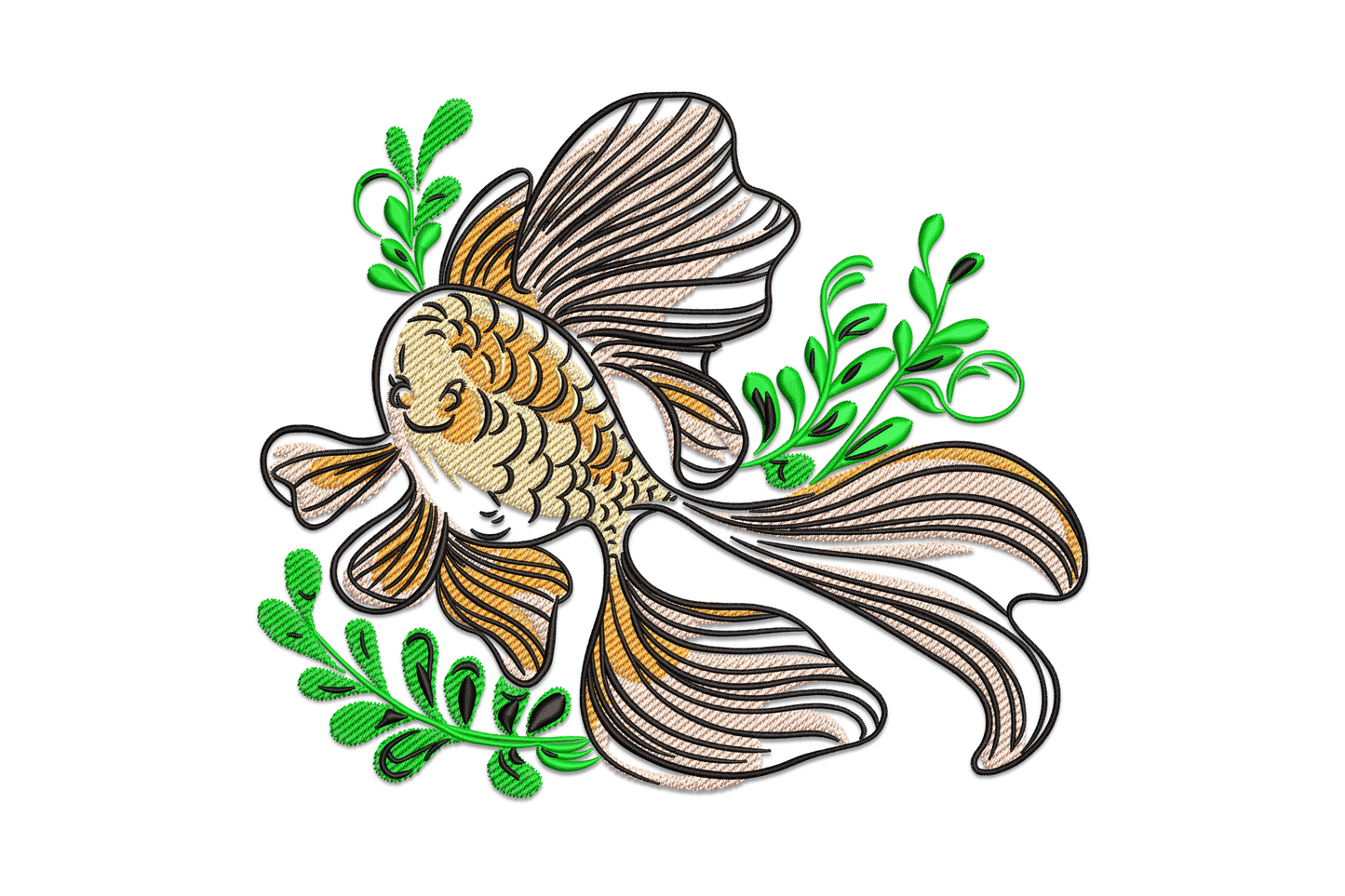 Elegant goldfish embroidery with flowing cream and amber fins, dark ink directional lines and bright green aquatic plant sprigs.