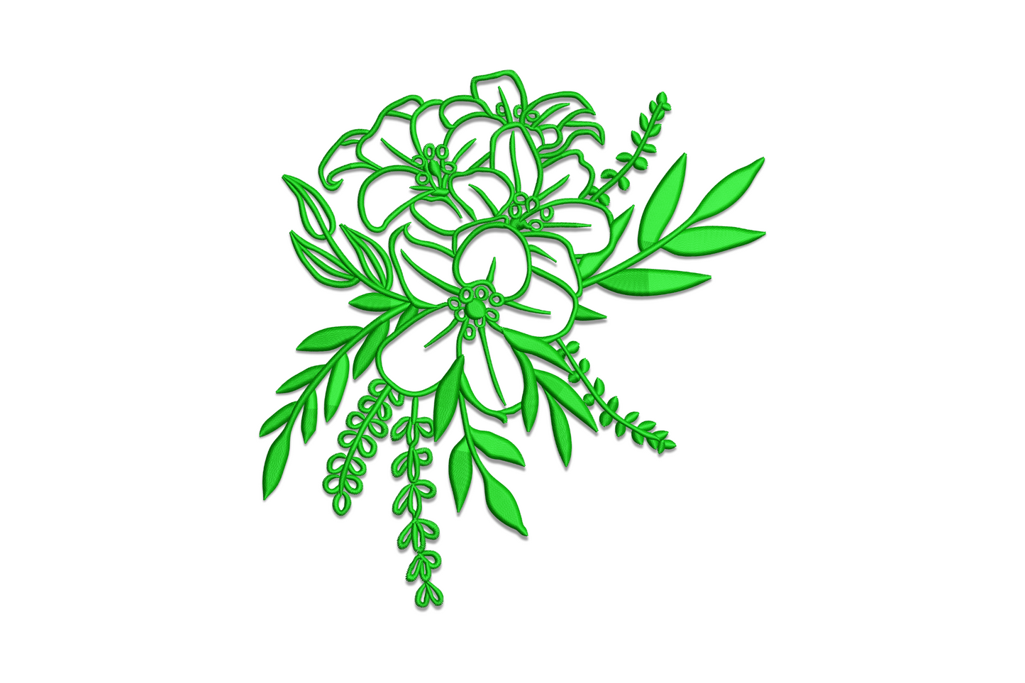 Elegant green floral bouquet embroidery design in single dark green thread, open linework with peony blooms and fern fronds, on white pique fabric.