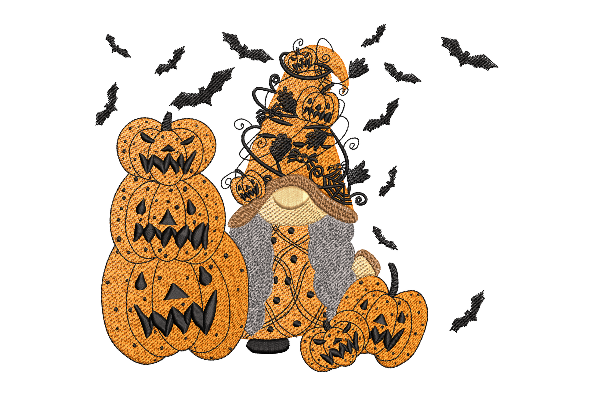 Halloween gnome with pumpkin hat tower and jack-o-lantern stacks embroidery design in 6 colours with flying bats, 4 sizes up to 6.5 inches wide