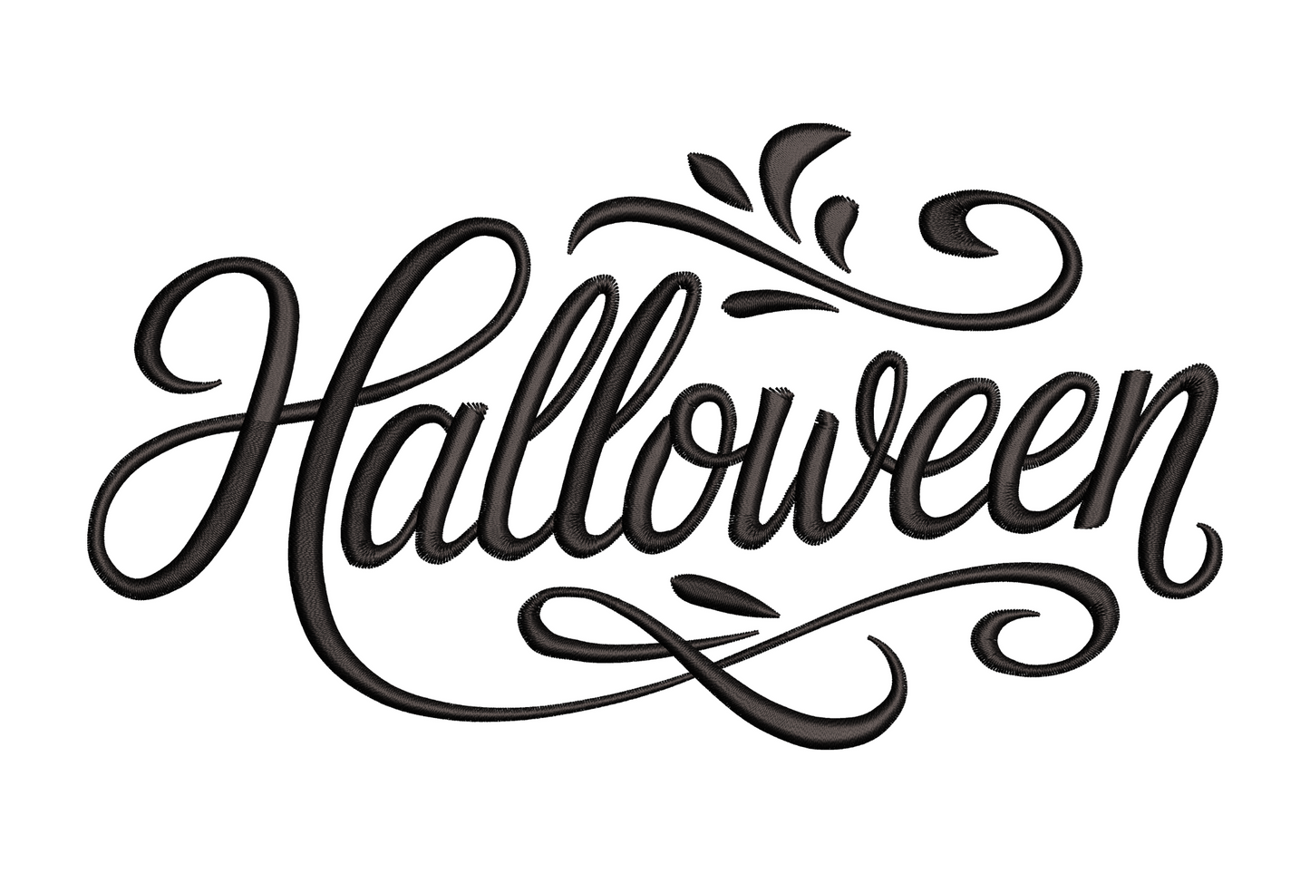 Elegant Halloween calligraphy script embroidery design, flowing cursive letterforms with tall ascenders and sweeping ligatures, single colour, 3.51 by 1.94 inches wide.