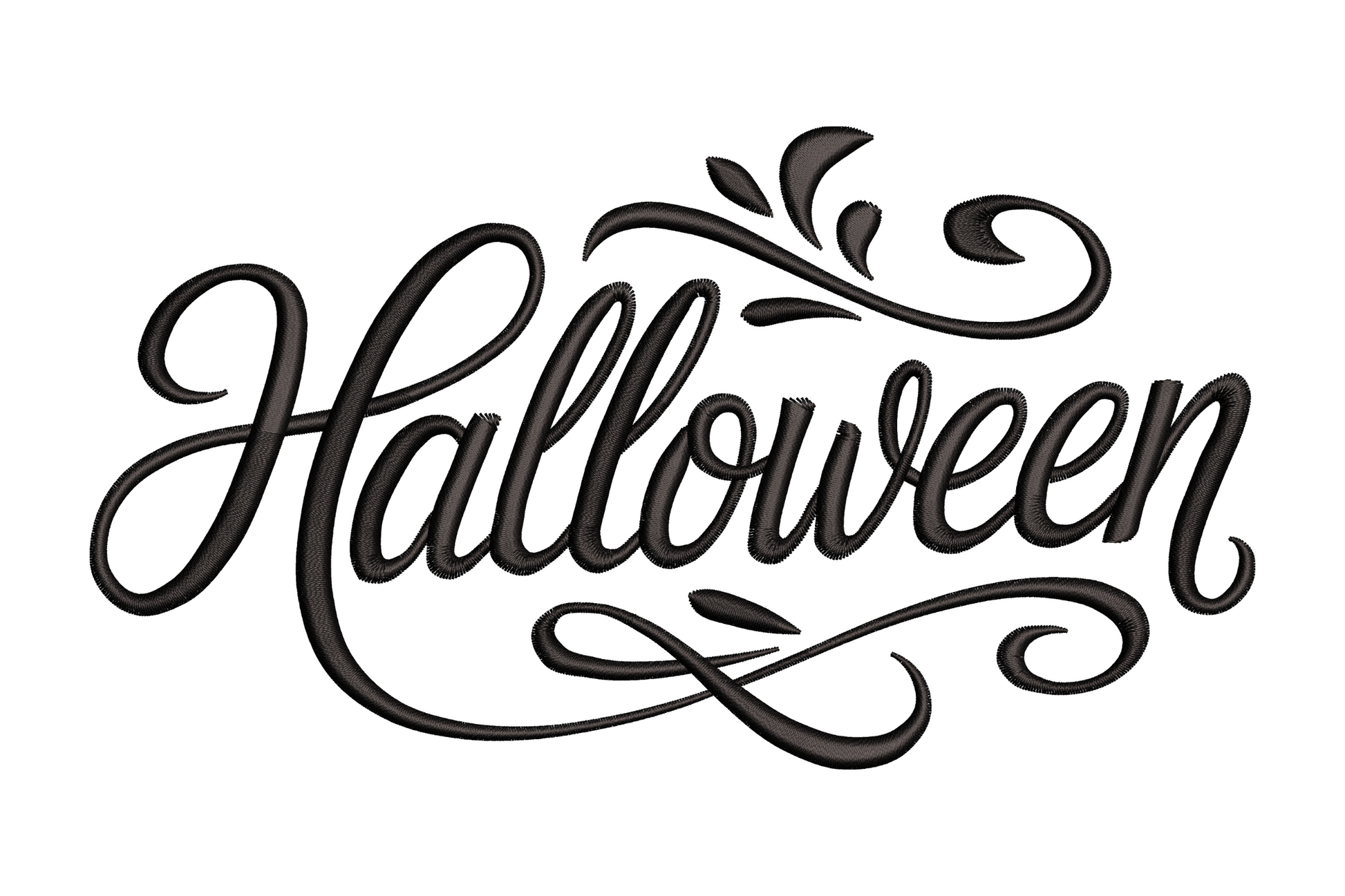 Elegant Halloween calligraphy script embroidery design, flowing cursive letterforms with tall ascenders and sweeping ligatures, single colour, 3.51 by 1.94 inches wide.