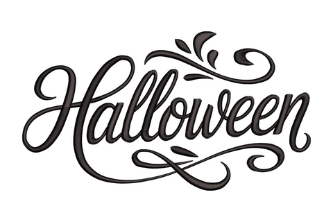 Elegant Halloween calligraphy script embroidery design, flowing cursive letterforms with tall ascenders and sweeping ligatures, single colour, 3.51 by 1.94 inches wide.