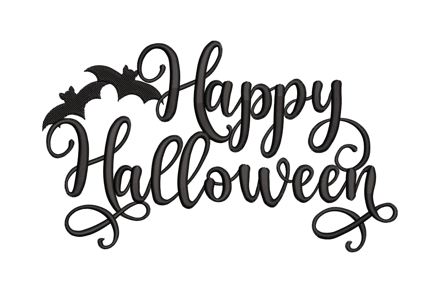 Elegant Happy Halloween cursive script embroidery design in single black thread with tiny bat accent