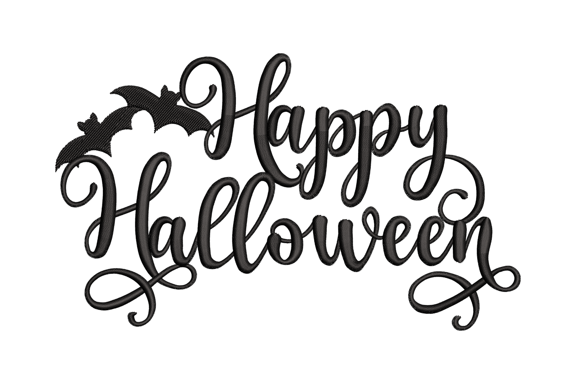 Elegant Happy Halloween cursive script embroidery design in single black thread with tiny bat accent