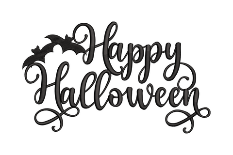 Elegant Happy Halloween cursive script embroidery design in single black thread with tiny bat accent