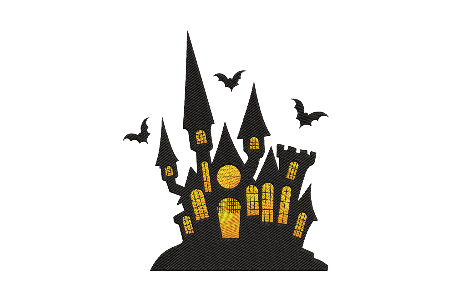 Elegant haunted mansion Halloween embroidery with black silhouette, glowing yellow windows and bats flying around the turrets.