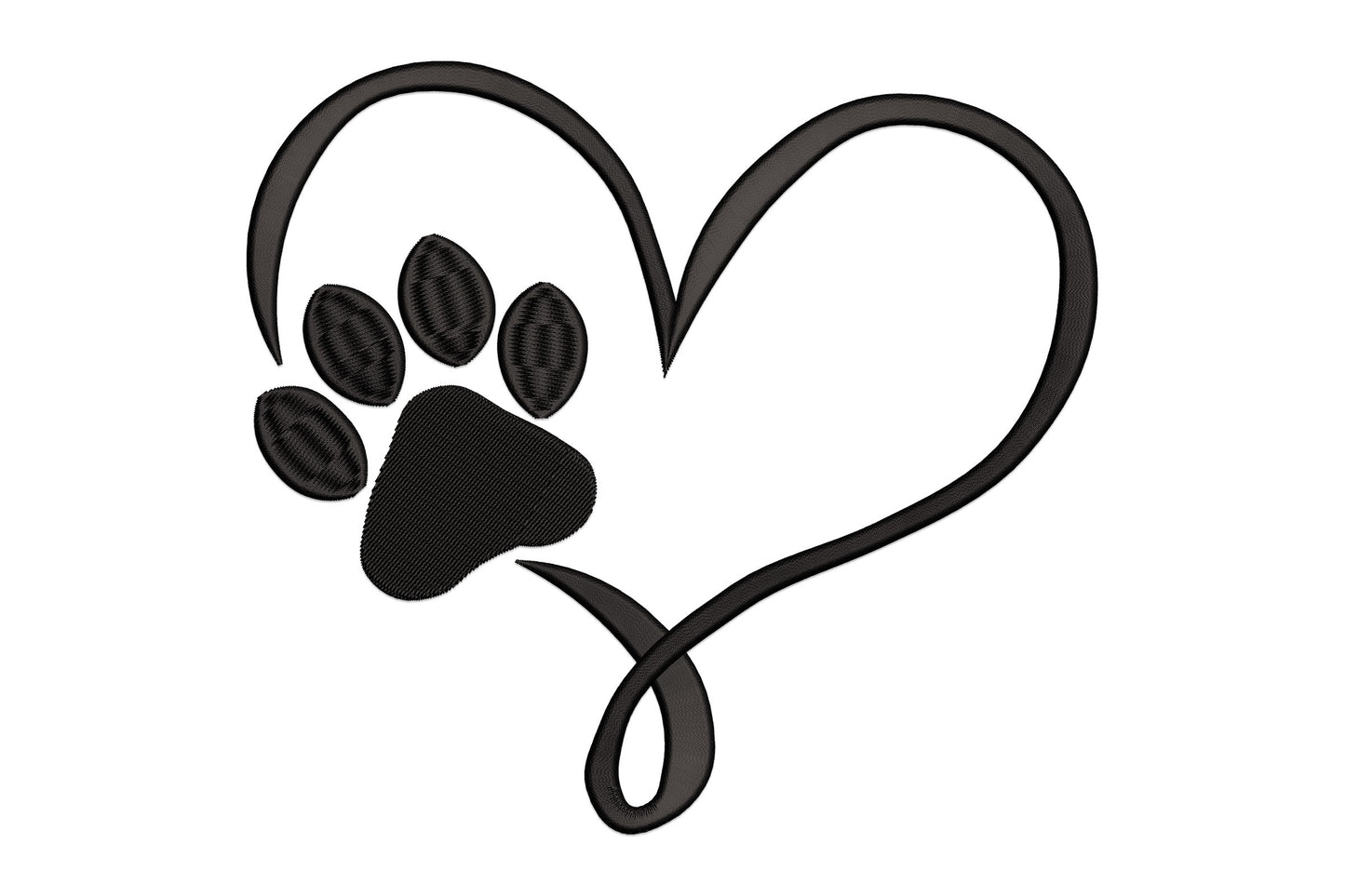 Elegant heart paw print embroidery, flowing continuous heart outline with solid black filled paw print, single colour.