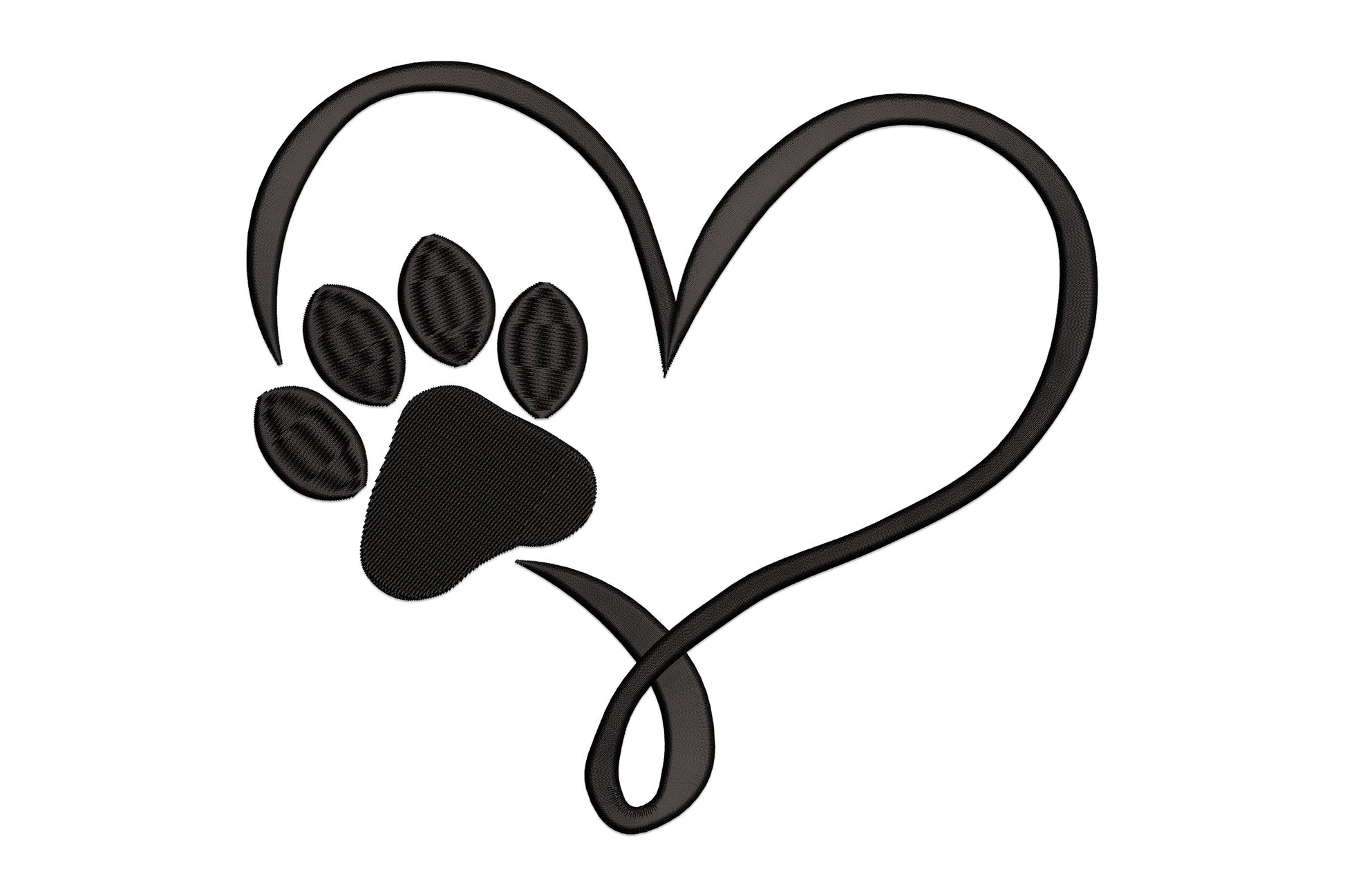 Elegant heart paw print embroidery, flowing continuous heart outline with solid black filled paw print, single colour.