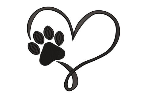 Elegant heart paw print embroidery, flowing continuous heart outline with solid black filled paw print, single colour.