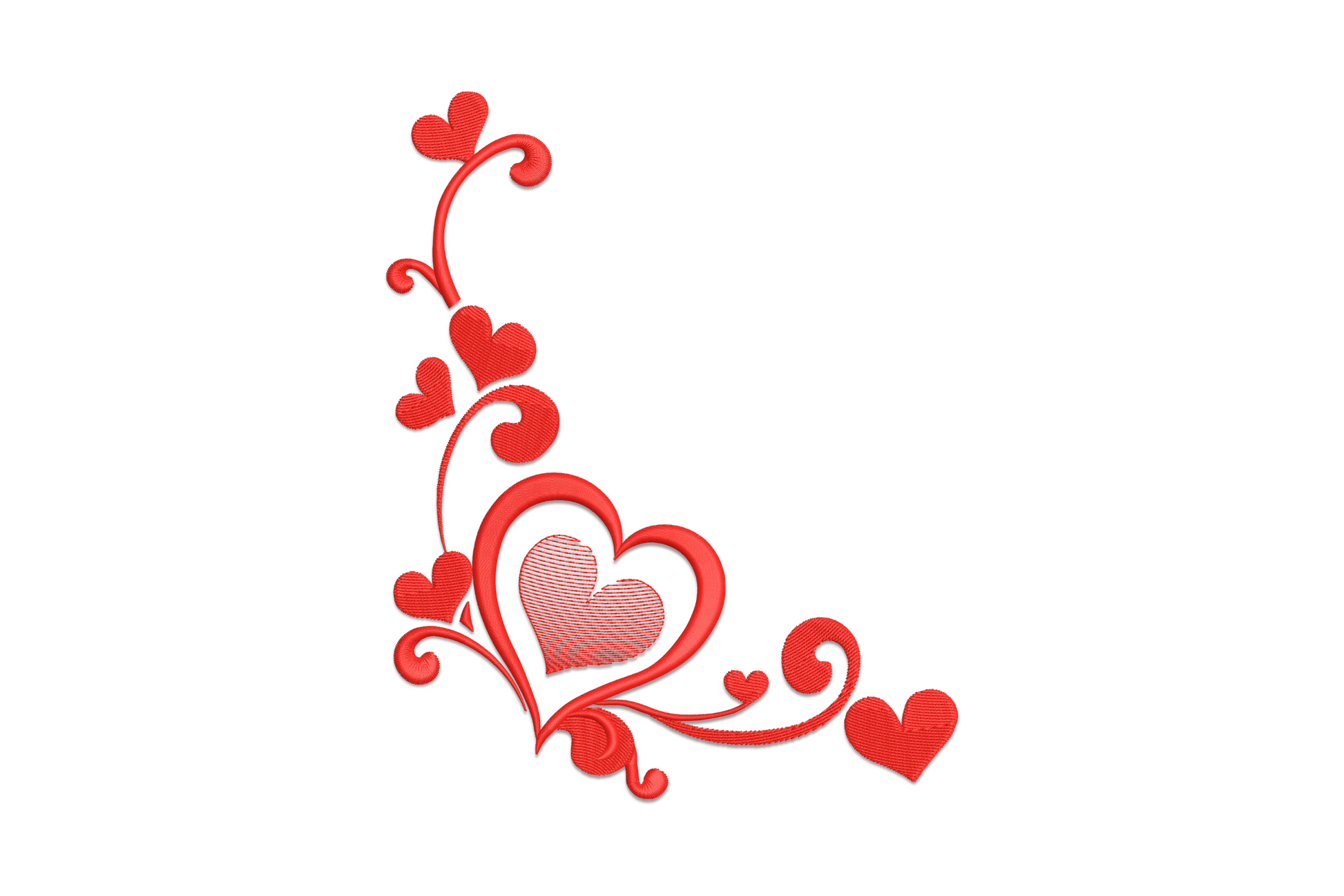 Elegant red heart vine embroidery design with scroll curls and nested hearts arranged as a corner or edge motif