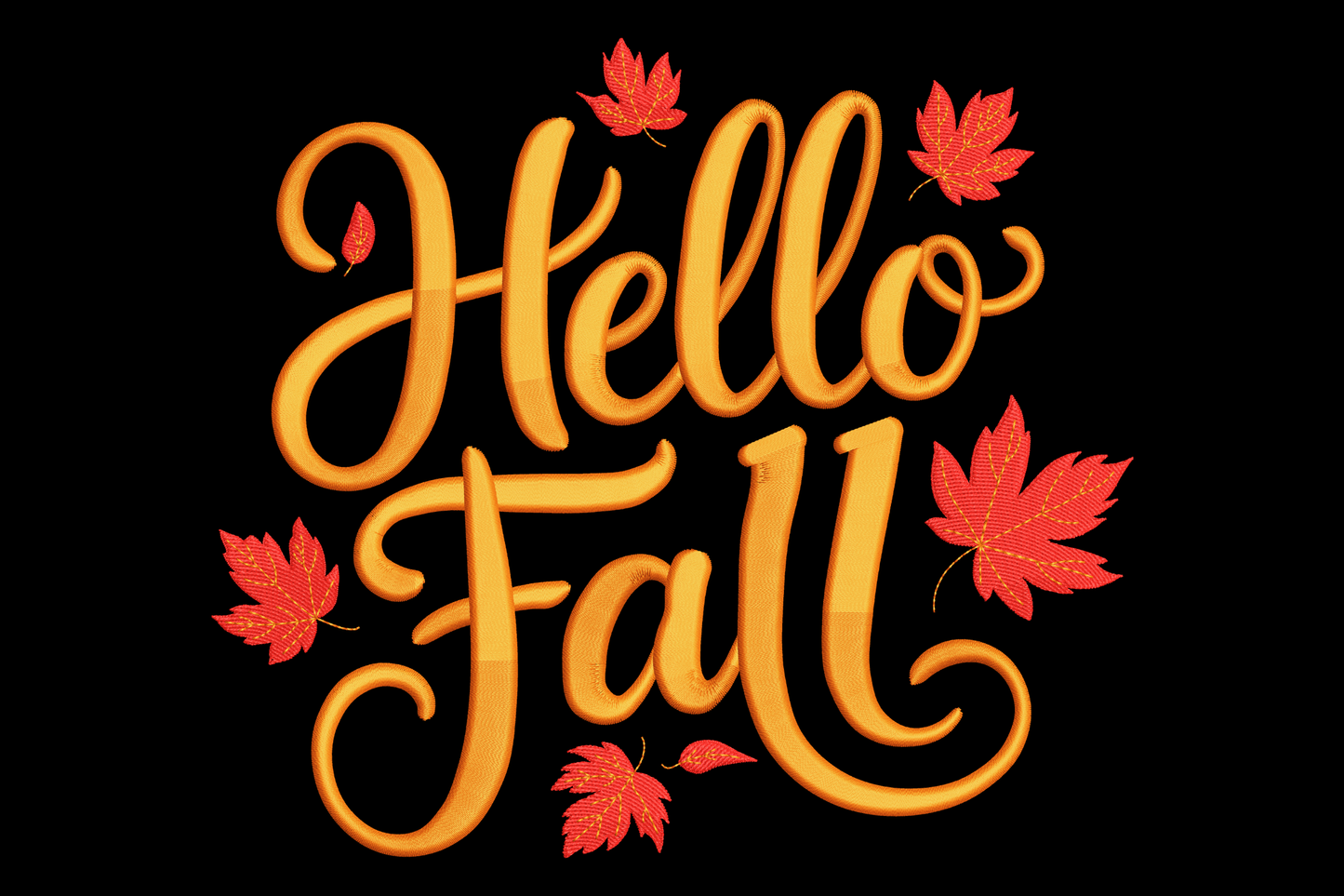 Elegant Hello Fall machine embroidery design in flowing script lettering, burnt orange and rust two-colour palette, modern calligraphy style on white background.