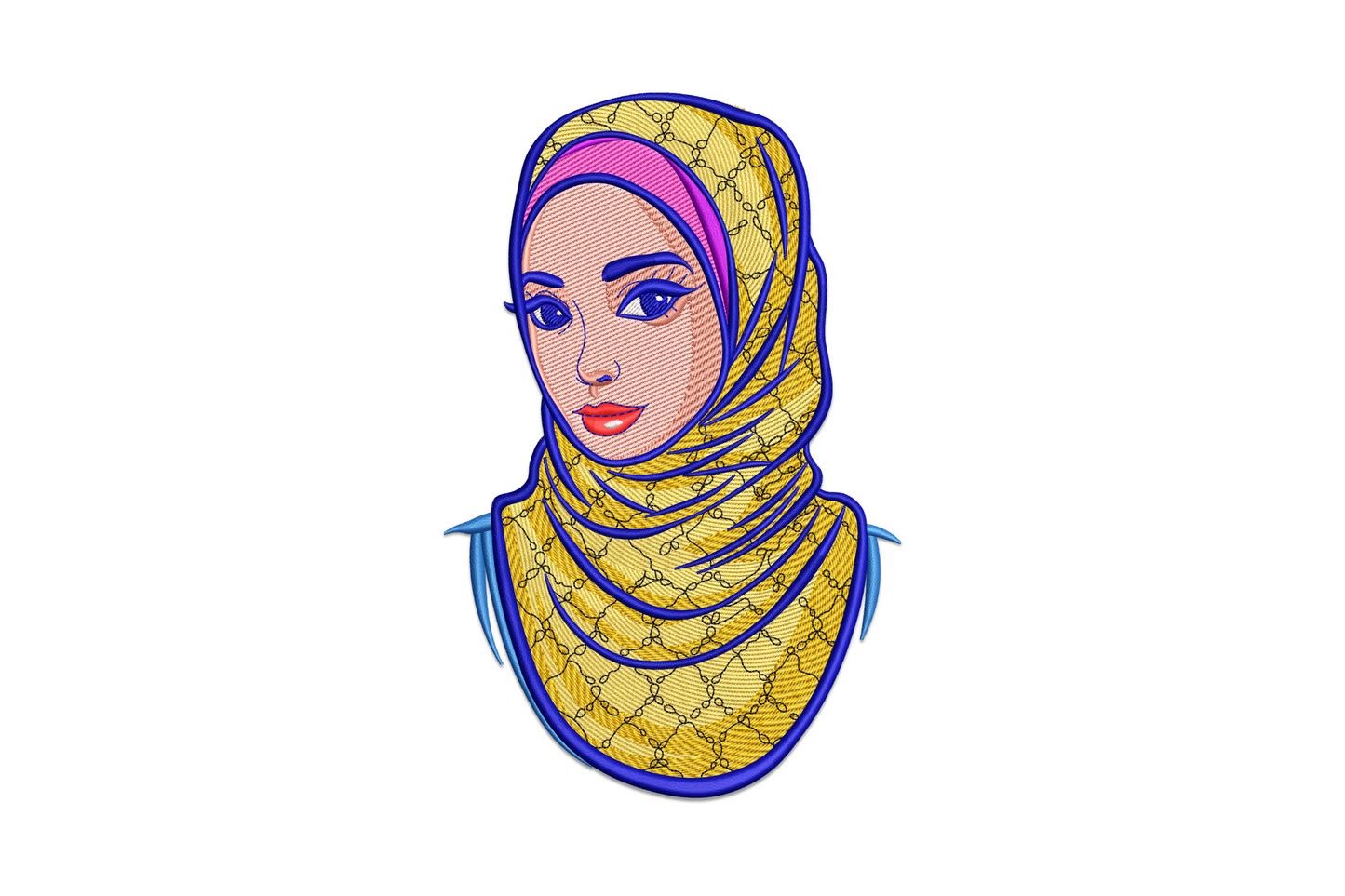 Elegant hijab woman portrait machine embroidery design, three-quarter side view with draped fabric folds and 11-colour thread palette