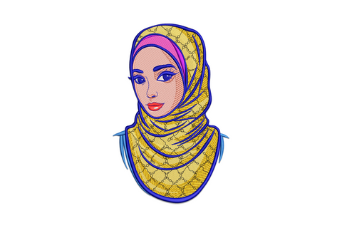 Elegant hijab woman portrait machine embroidery design, three-quarter side view with draped fabric folds and 11-colour thread palette