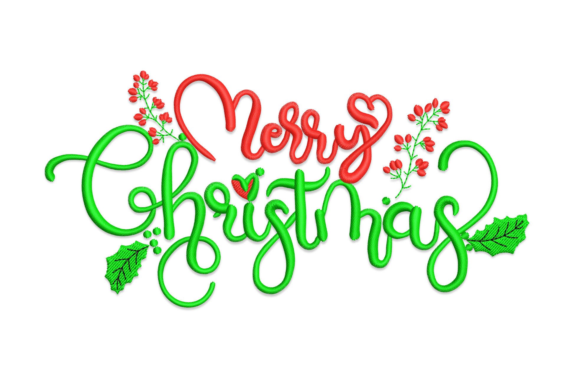 Holiday calligraphy with holly leaves embroidery design showing cursive script in forest green with crimson berry clusters on ivory linen.