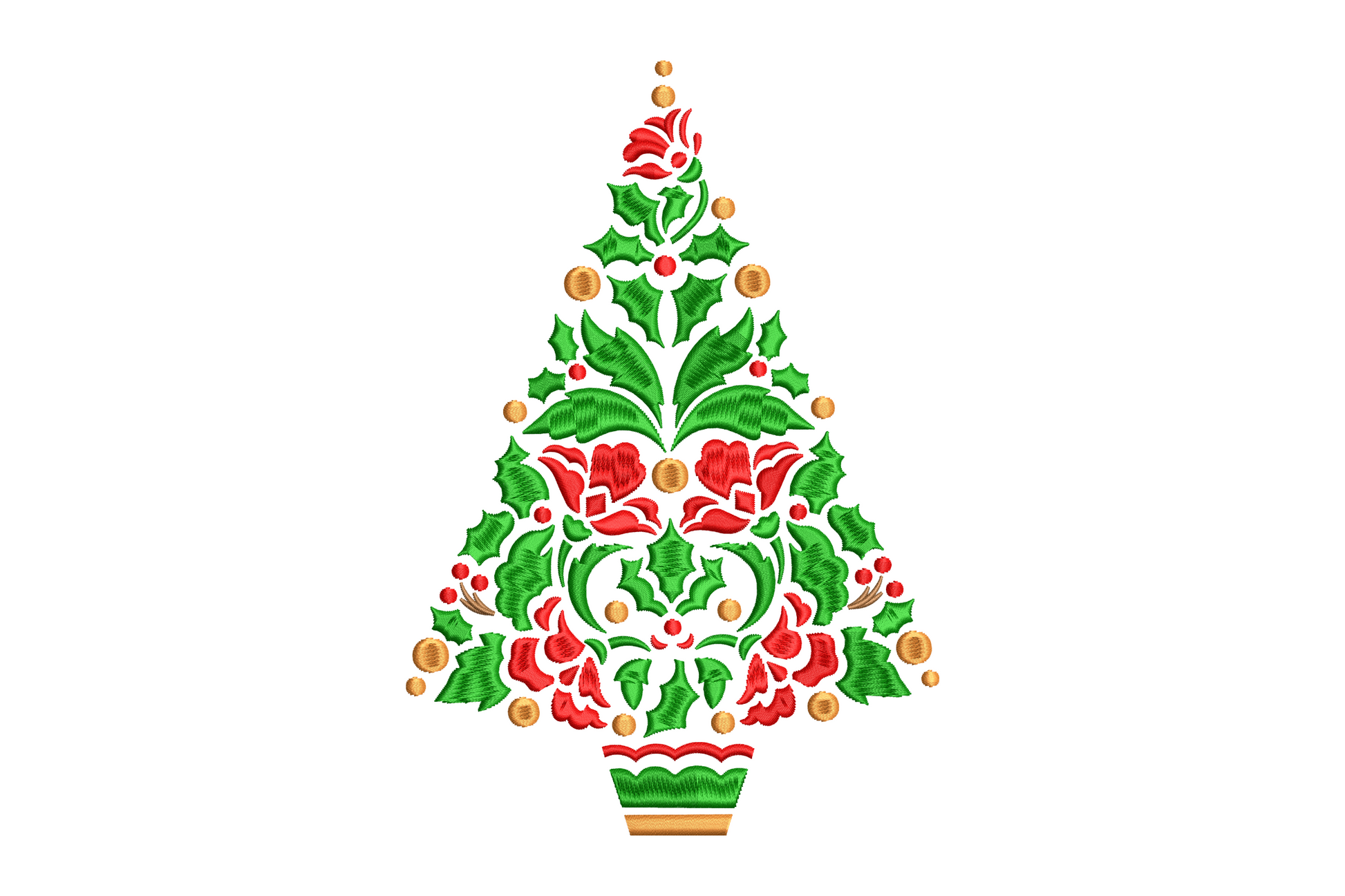 Elegant holiday tree embroidery, botanical floral rosettes stacked in tree shape, 4 colours, 5 sizes up to 7.51 inches wide.