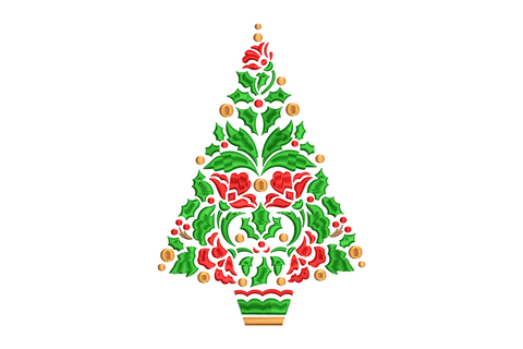 Elegant holiday tree embroidery, botanical floral rosettes stacked in tree shape, 4 colours, 5 sizes up to 7.51 inches wide.