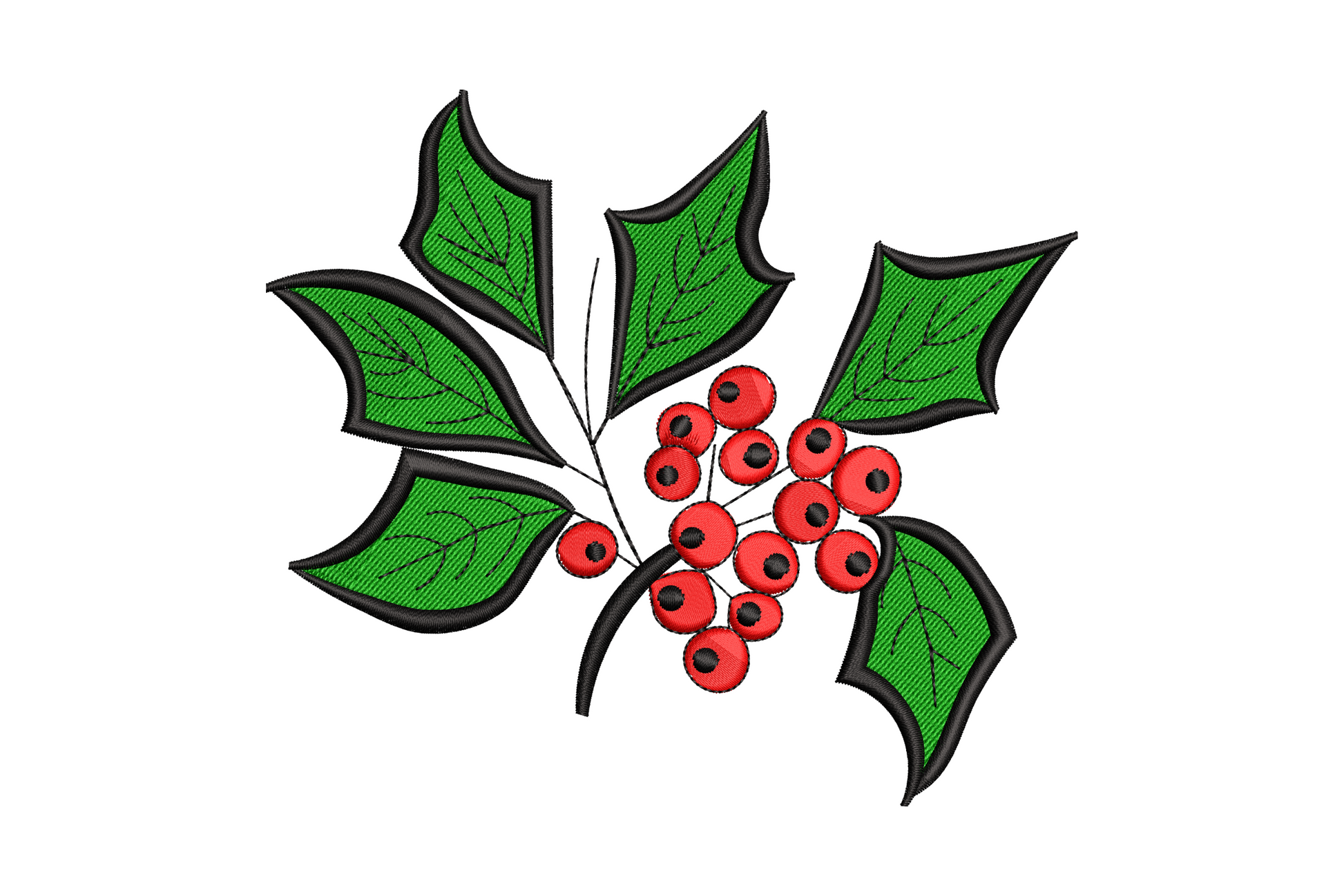Elegant holly branch embroidery with spreading stem, 5 spiky leaves, and scattered red berries with dot centres