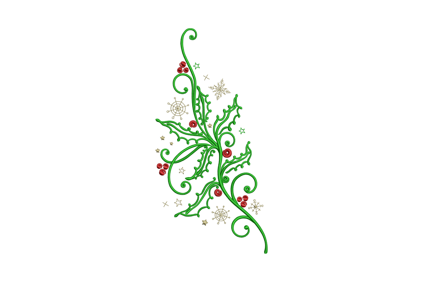 Elegant holly vine corner machine embroidery design with dark green leaves, red berry clusters and open-outline khaki stars, 3 colors, corner placement