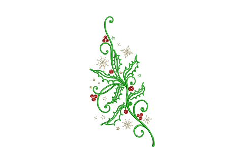Elegant holly vine corner machine embroidery design with dark green leaves, red berry clusters and open-outline khaki stars, 3 colors, corner placement