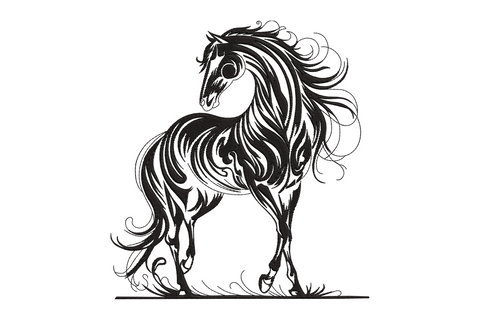Prancing horse embroidery, black ink style, flowing mane, feathered legs, directional satin fill, single black thread.