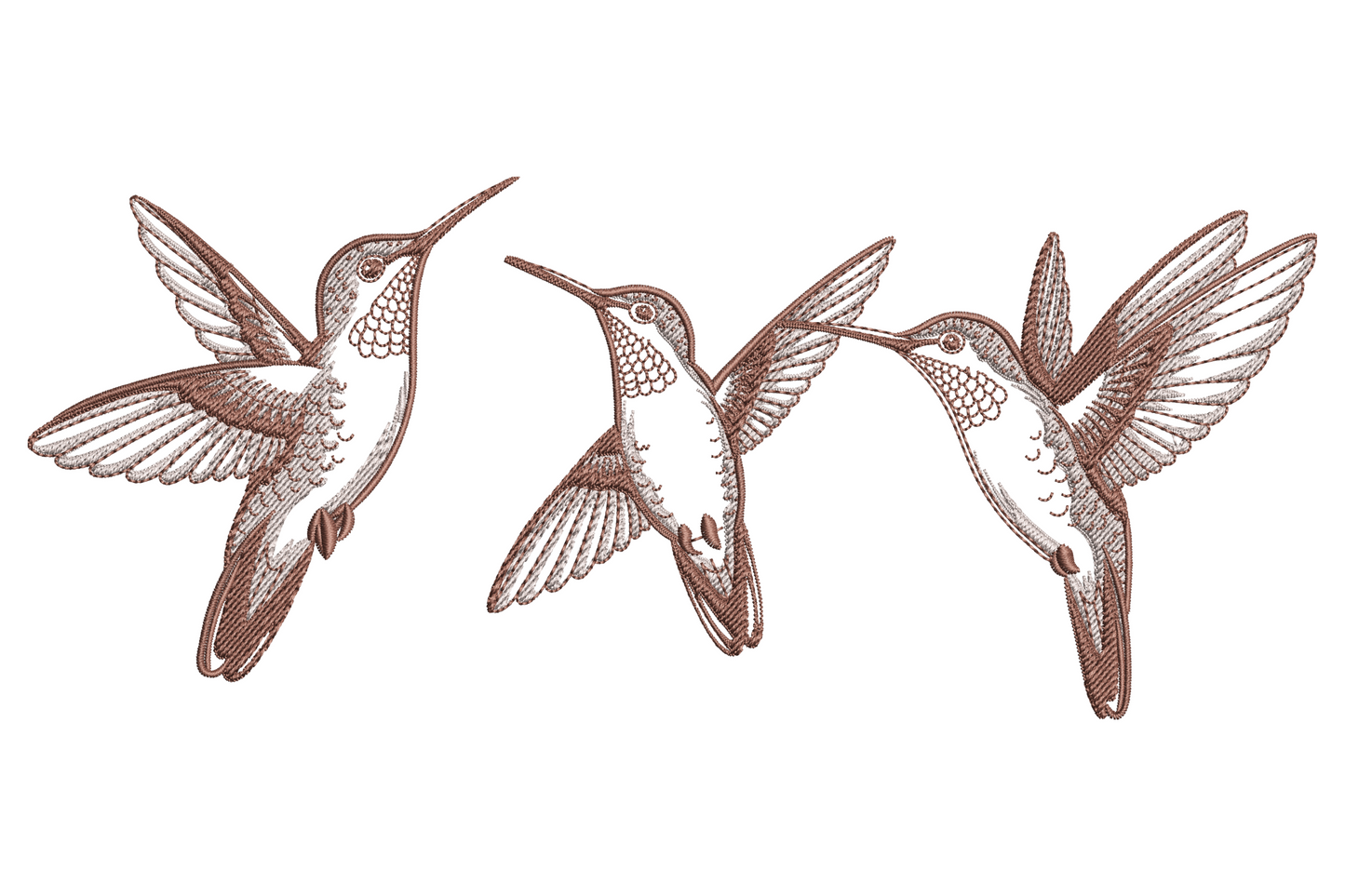 Hummingbird trio embroidery design, three hovering birds in emerald, sapphire, scarlet, butter yellow, cream pillow.